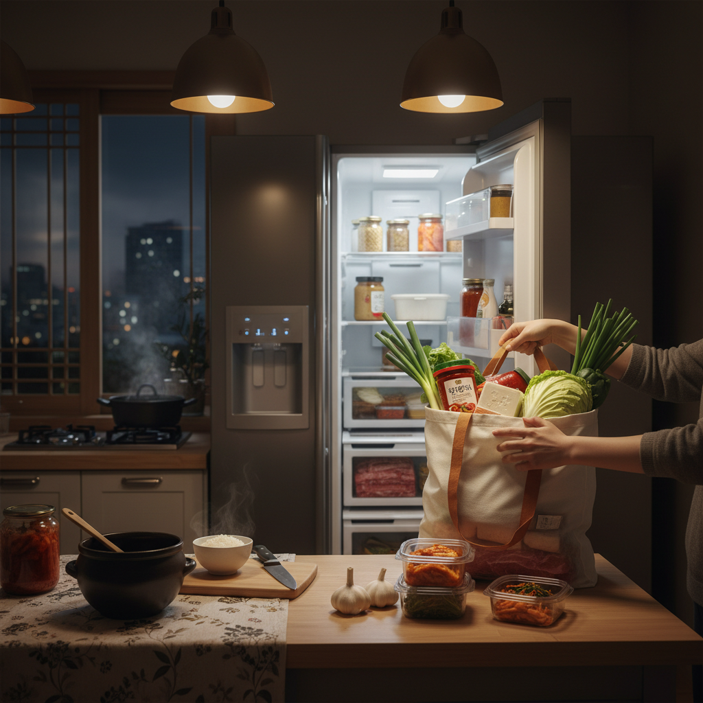 저녁 조리 시작 전에 한 번에 재료를 꺼내는 생성 이미지