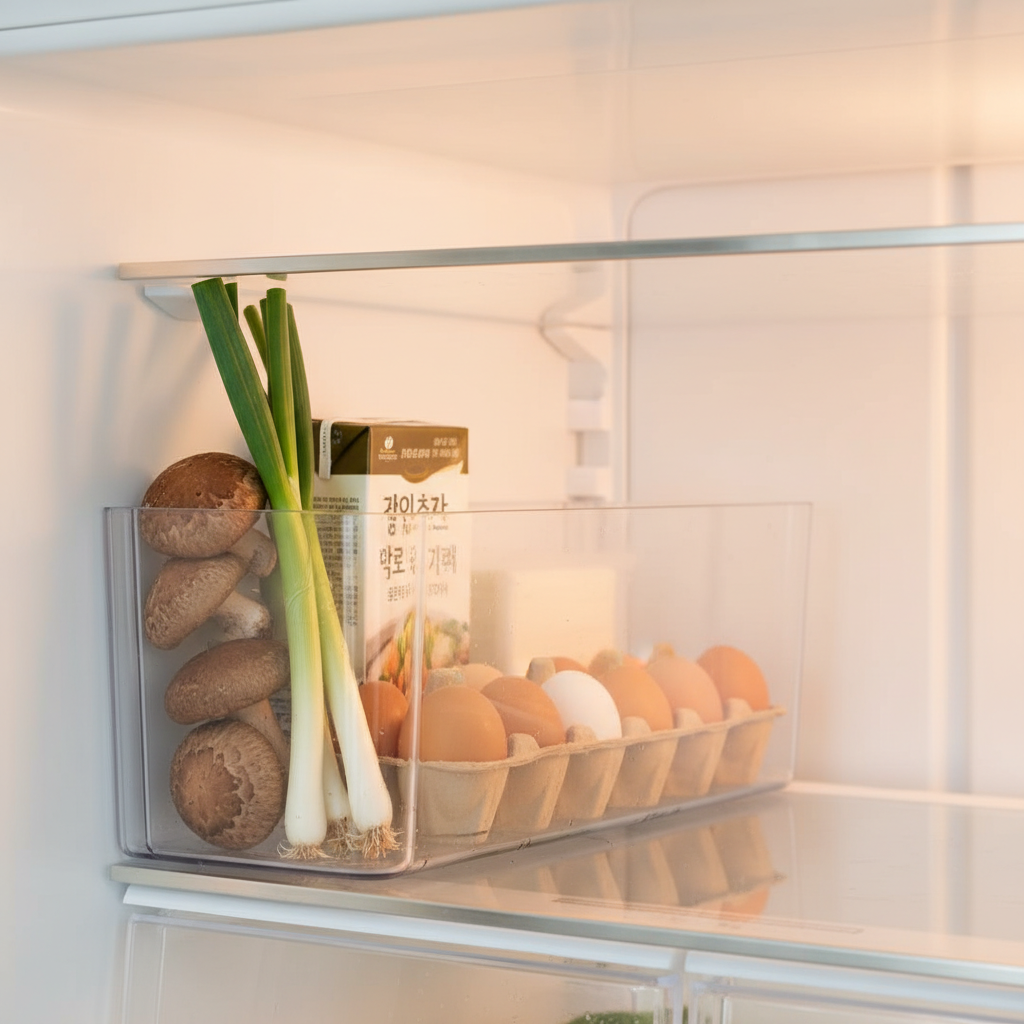 오늘 저녁에 쓸 재료만 냉장고 한 칸에 모아둔 생성 이미지