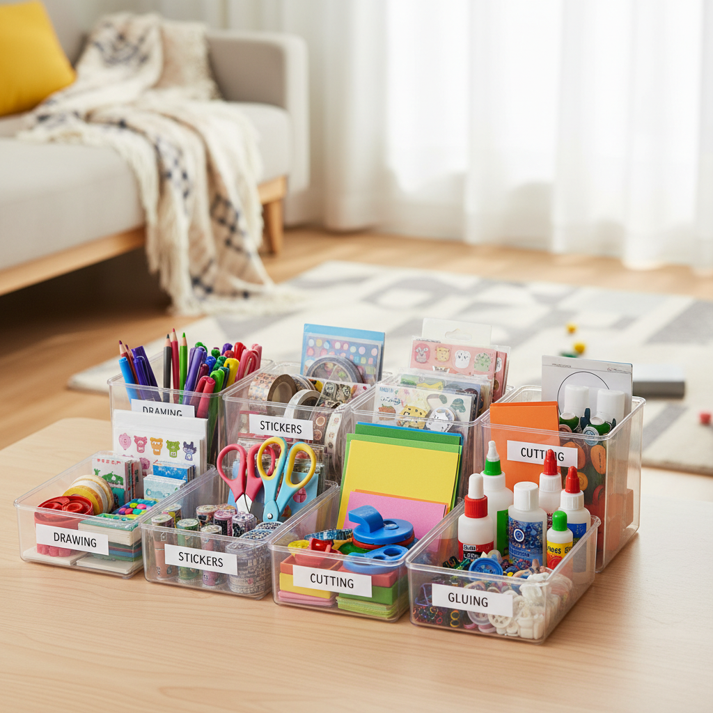 자주 쓰는 만들기 재료를 작은 바구니로 나눠 놓은 생성 이미지