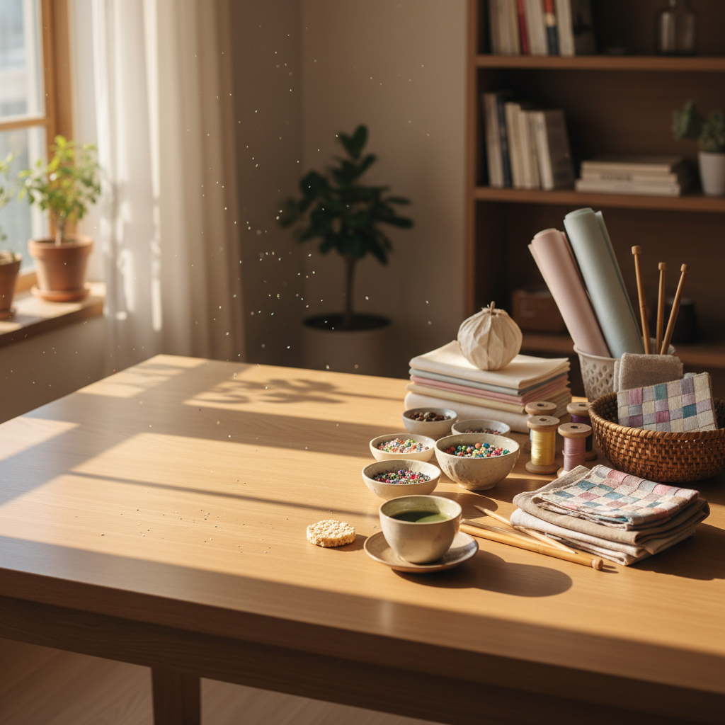 다음 놀이를 위해 테이블 한쪽을 비워 두고 재료를 다시 둔 생성 이미지