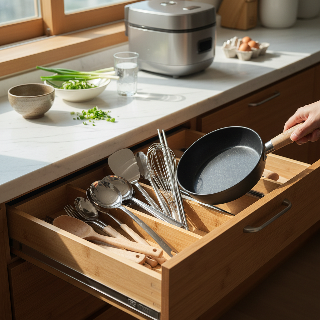 도구와 작은 팬을 같이 꺼내 두는 아침 준비 장면 생성 이미지