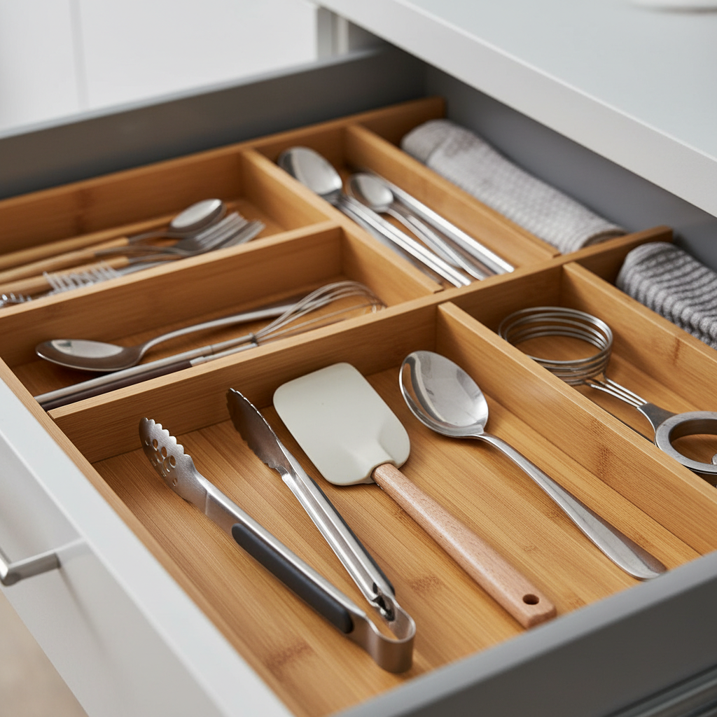 아침용 집게와 주걱, 작은 스푼을 앞줄에 배치한 생성 이미지