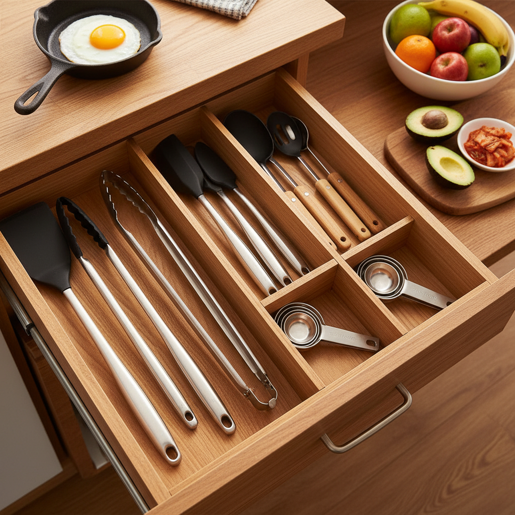 아침 조리도구가 서랍과 조리대에서 정돈된 생성 이미지