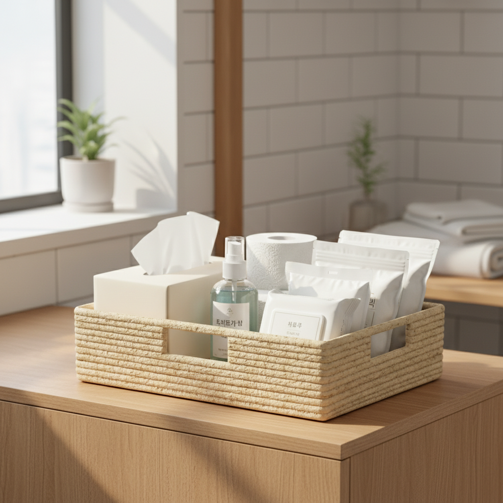 욕실 리필 바구니와 휴지, 세정제, 물티슈를 정리한 생성 이미지