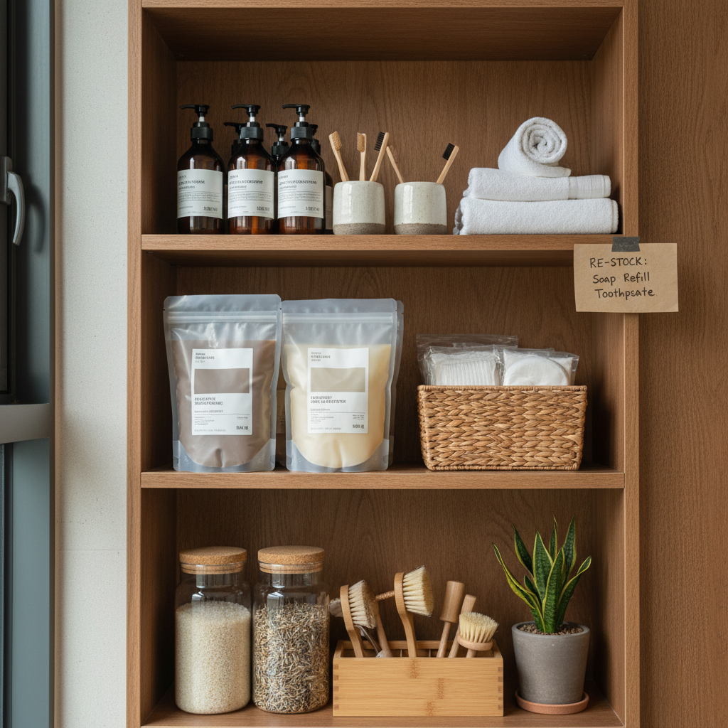 다음 교체 순서를 적은 작은 메모와 욕실용품을 둔 생성 이미지