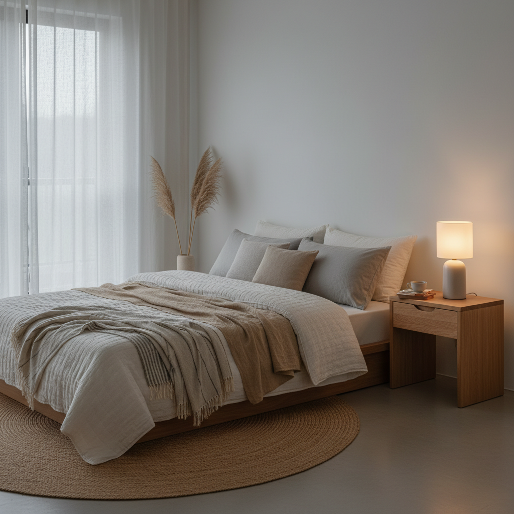 침실 패브릭과 조명, 작은 협탁을 따뜻하게 정돈한 생성 이미지