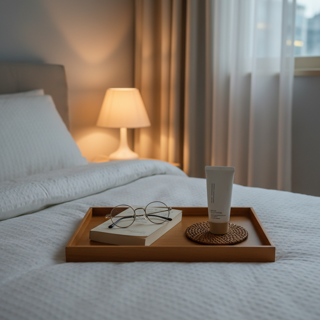 침대 옆 협탁에 책과 안경, 핸드크림을 한 트레이에 모은 생성 이미지