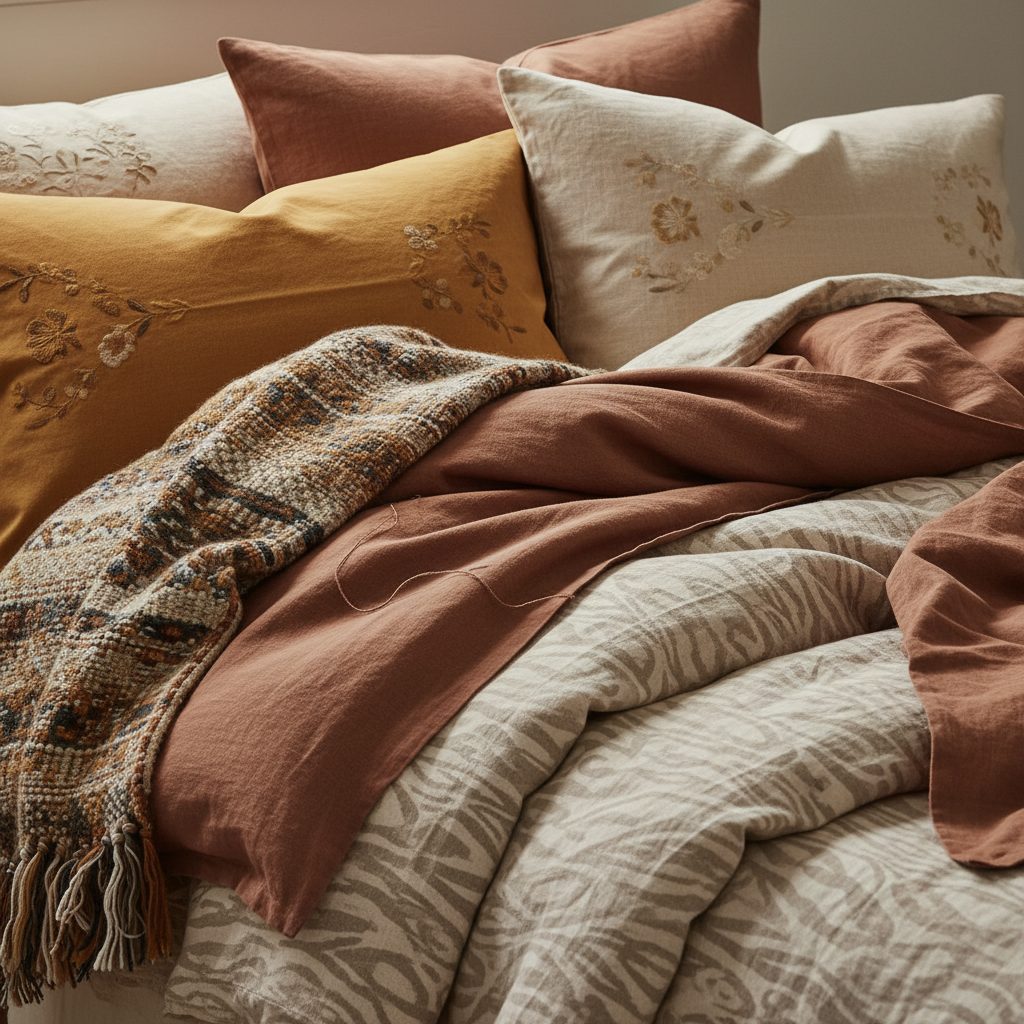 침실 패브릭을 계절 톤에 맞게 줄여 둔 생성 이미지