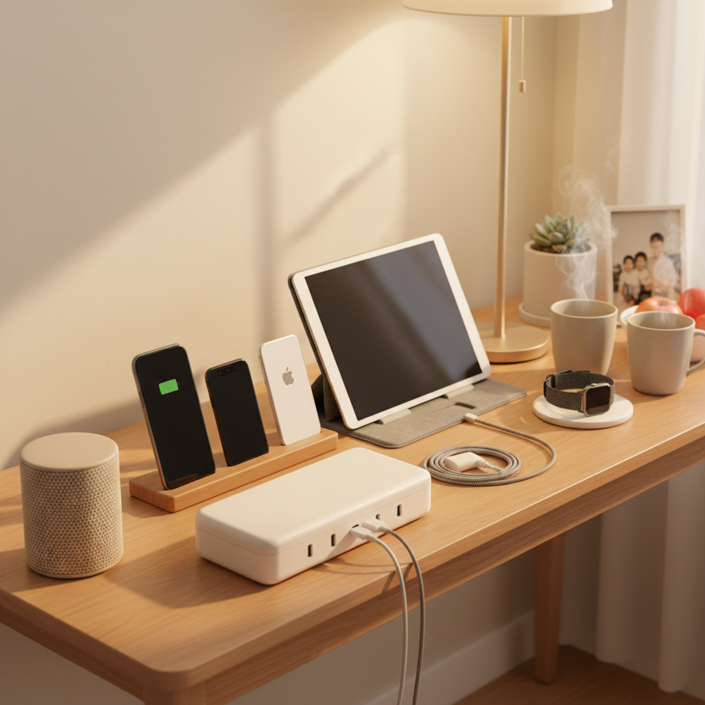 가족 기기 도킹 구역과 충전선, 태블릿을 정돈한 생성 이미지