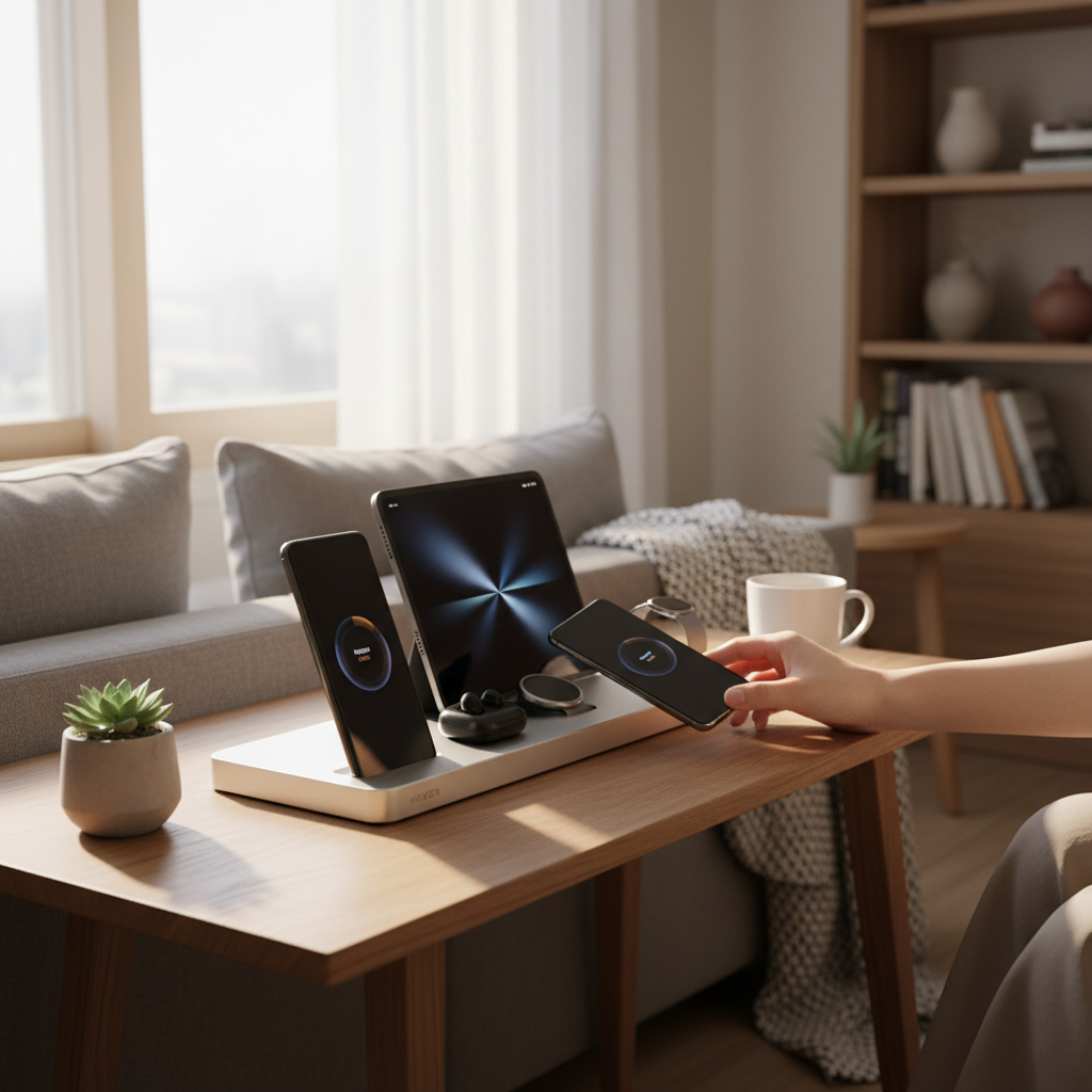 아침에 바로 들고 나갈 기기를 앞줄에서 꺼내는 생성 이미지