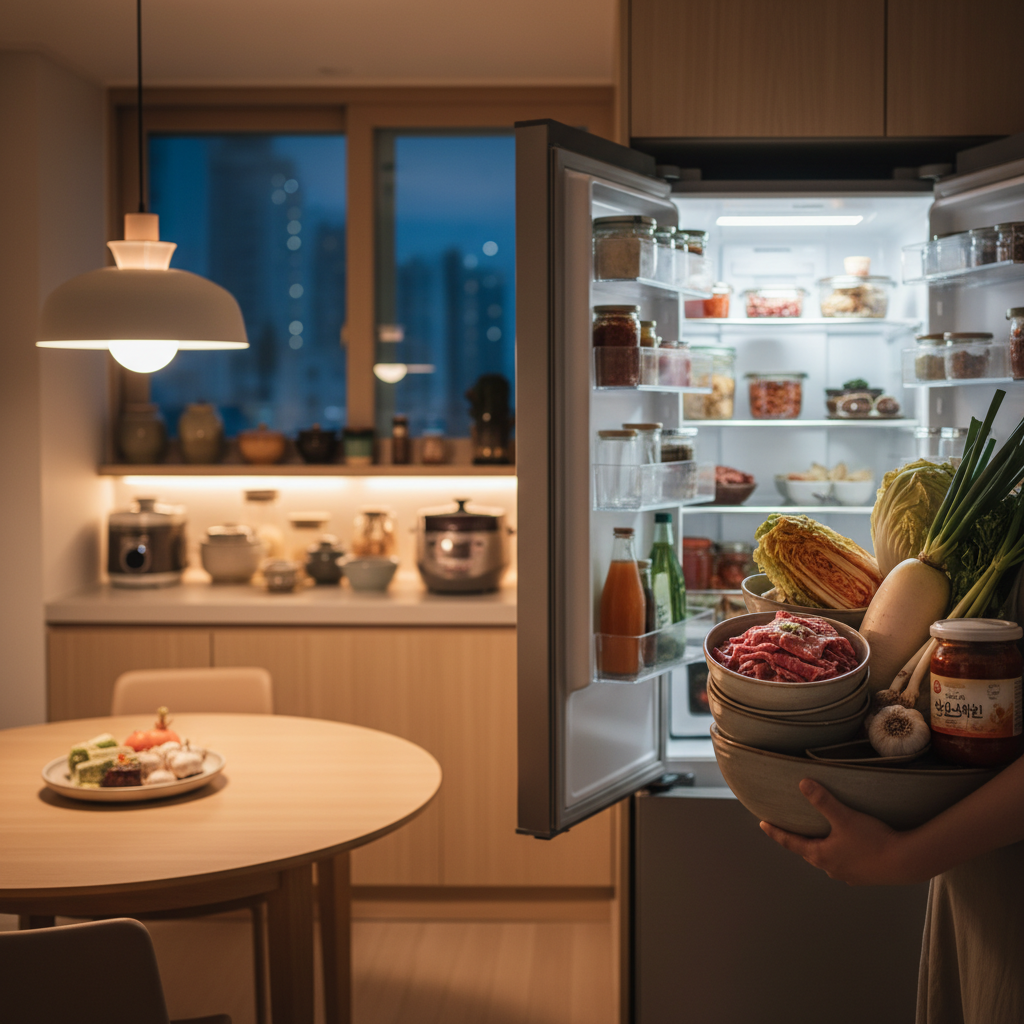 저녁 조리 시작 전에 한 번에 재료를 꺼내는 생성 이미지