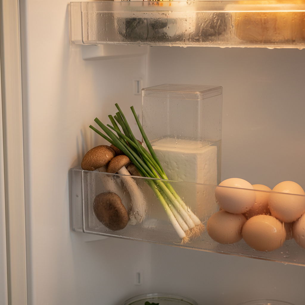 오늘 저녁에 쓸 재료만 냉장고 한 칸에 모아둔 생성 이미지
