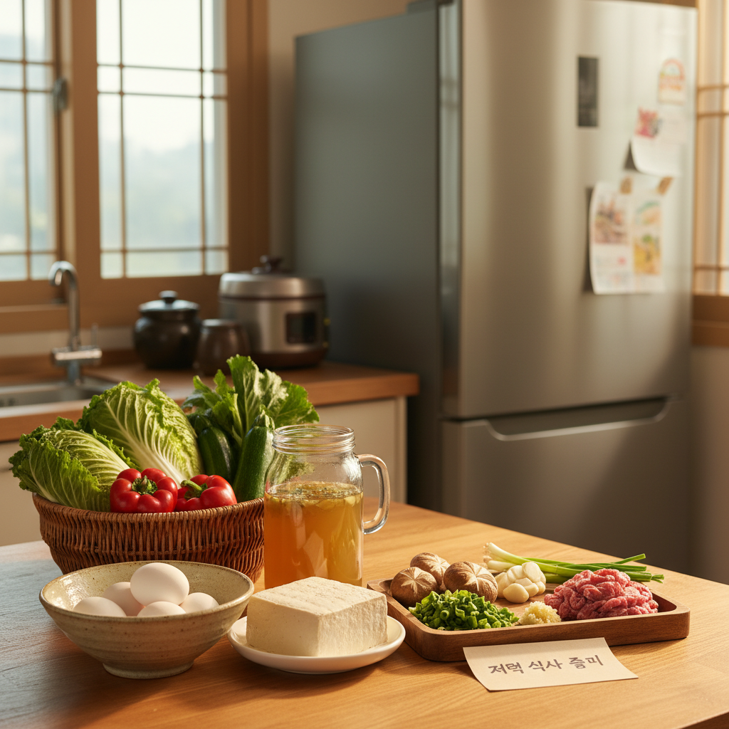 아침 햇살 아래 집밥 재료를 냉장고 앞에 차분히 정리한 생성 이미지