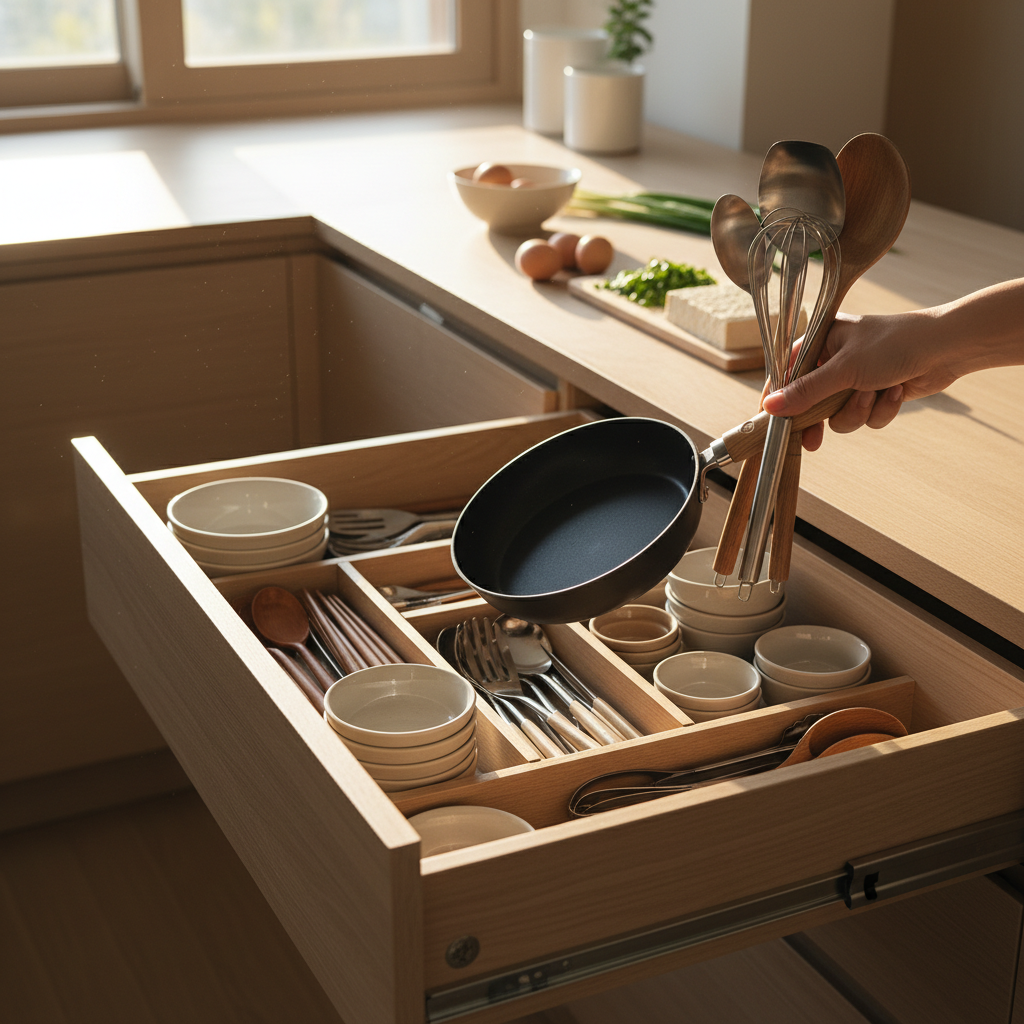 도구와 작은 팬을 같이 꺼내 두는 아침 준비 장면 생성 이미지