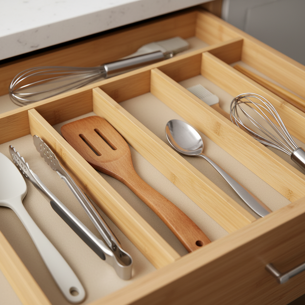 아침용 집게와 주걱, 작은 스푼을 앞줄에 배치한 생성 이미지