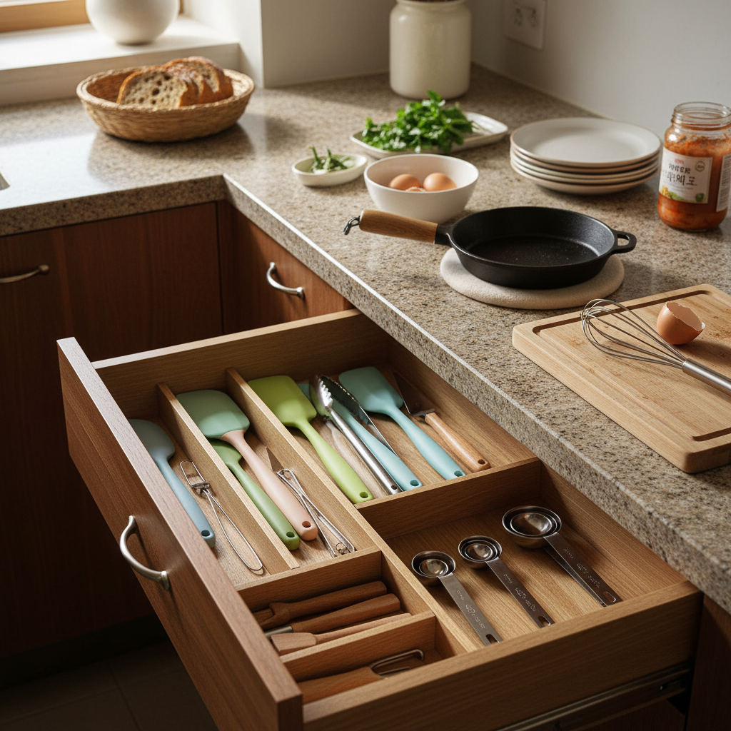 아침 조리도구가 서랍과 조리대에서 정돈된 생성 이미지