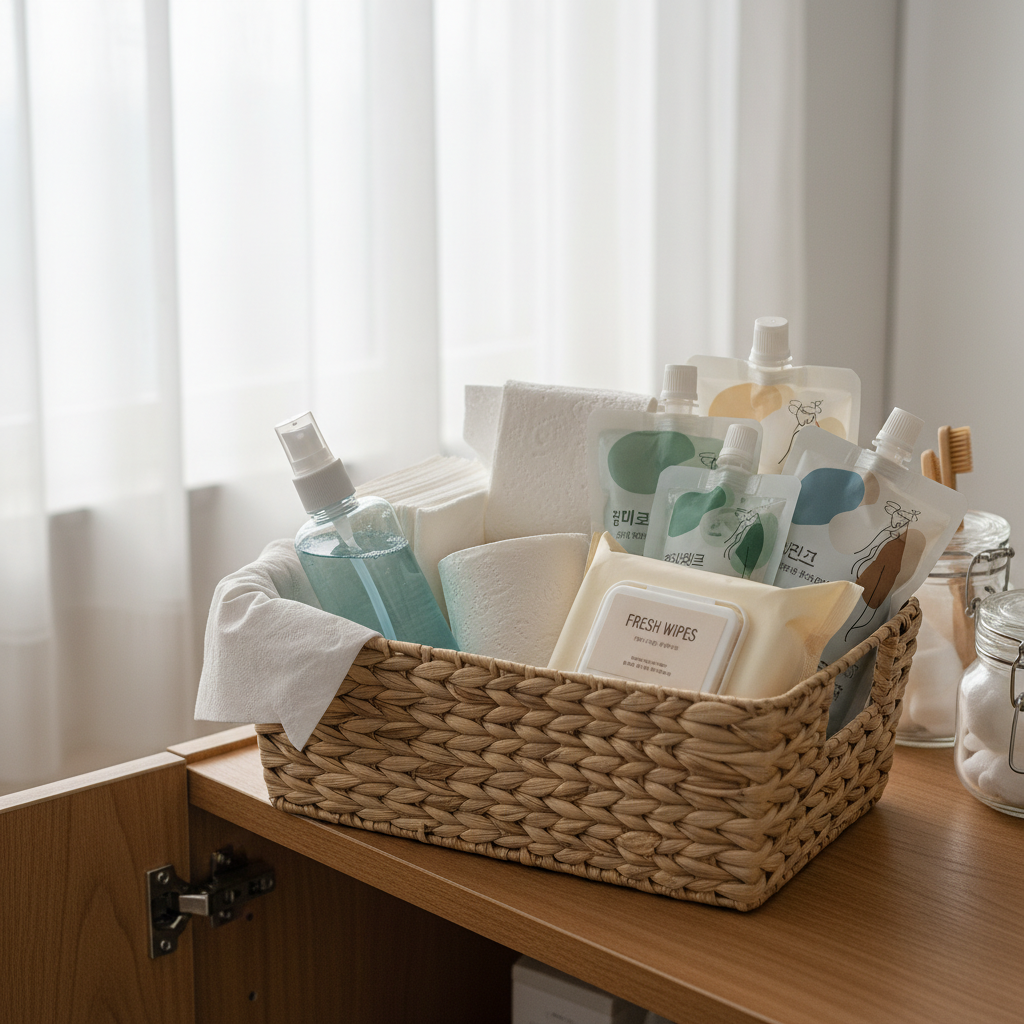 욕실 리필 바구니와 휴지, 세정제, 물티슈를 정리한 생성 이미지