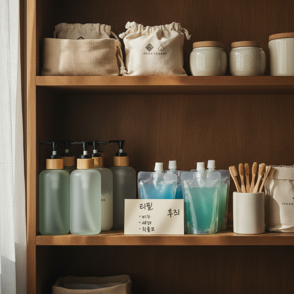 다음 교체 순서를 적은 작은 메모와 욕실용품을 둔 생성 이미지