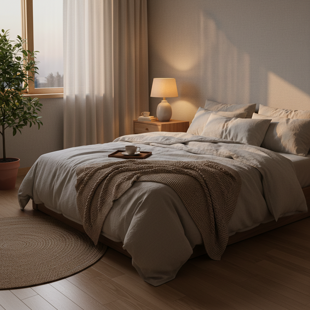 침실 패브릭과 조명, 작은 협탁을 따뜻하게 정돈한 생성 이미지