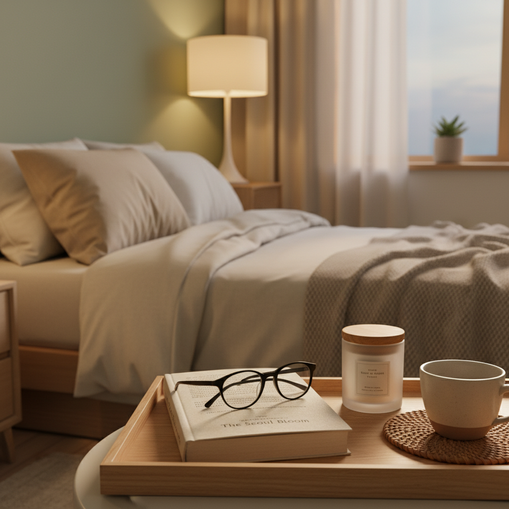 침대 옆 협탁에 책과 안경, 핸드크림을 한 트레이에 모은 생성 이미지