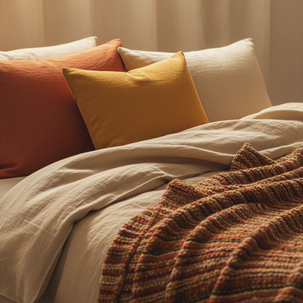 침실 패브릭을 계절 톤에 맞게 줄여 둔 생성 이미지