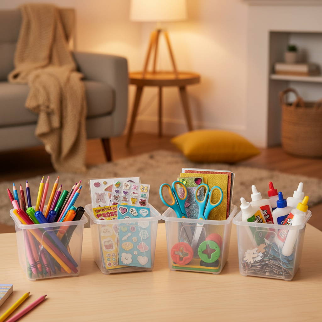 자주 쓰는 만들기 재료를 작은 바구니로 나눠 놓은 생성 이미지