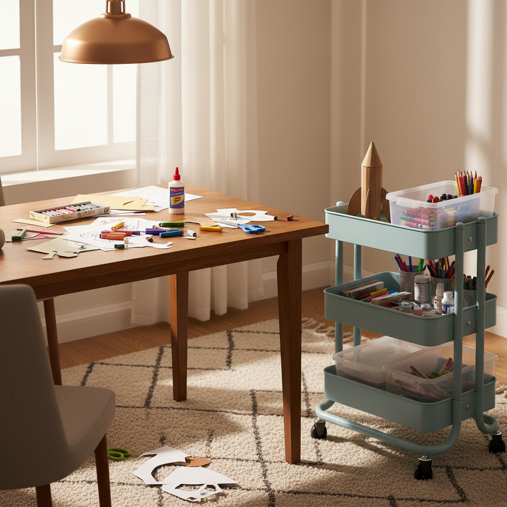 아이 만들기 테이블과 재료 카트를 따뜻하게 정돈한 생성 이미지