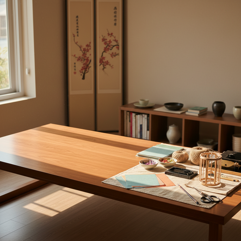 다음 놀이를 위해 테이블 한쪽을 비워 두고 재료를 다시 둔 생성 이미지