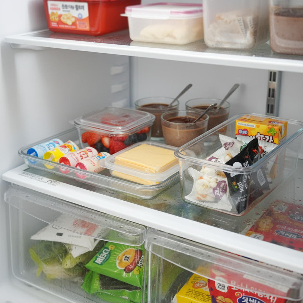 냉장고 한 칸에 과일 통과 요거트, 치즈를 작은 트레이로 묶은 생성 이미지