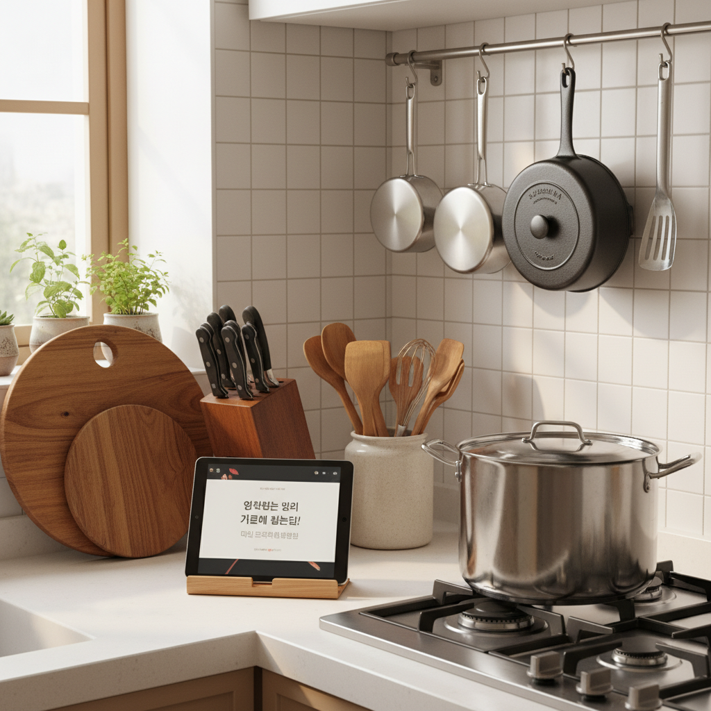 조리대 위에 냄비와 도마, 조리도구를 차분하게 정돈한 생성 이미지