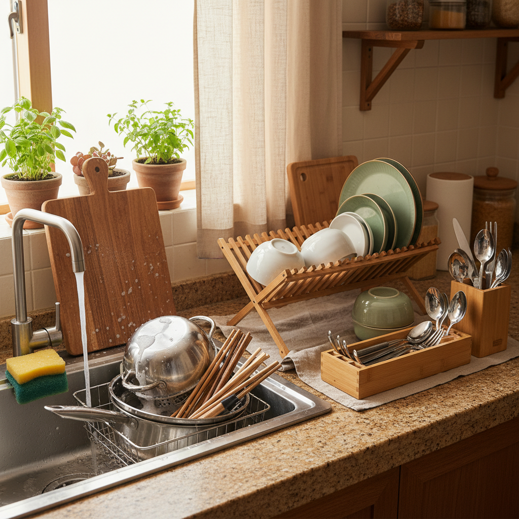 싱크대 옆에서 씻을 도구와 바로 말릴 도구를 분리한 생성 이미지