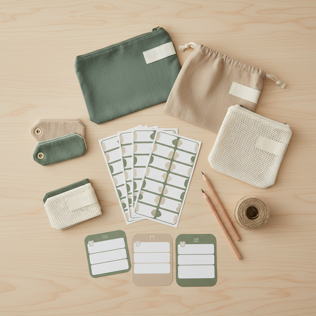 라벨이 붙은 준비물 바구니와 메모 카드가 놓인 정리 장면