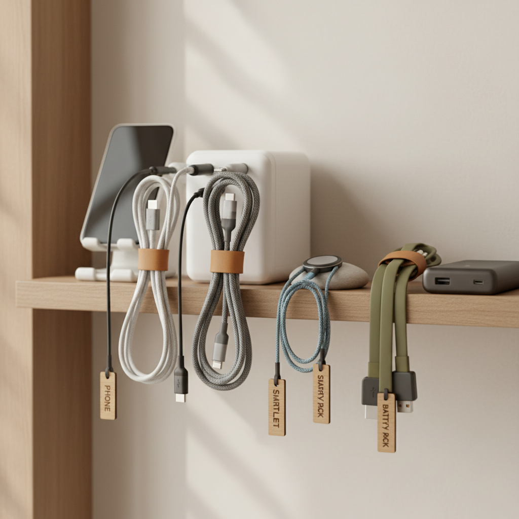 자주 충전하는 휴대기기와 케이블을 목적지별로 묶어 둔 생성 이미지