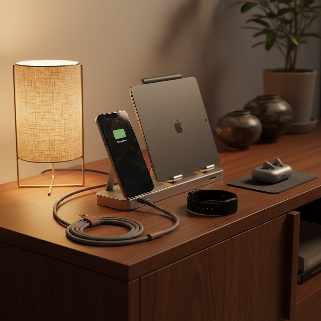 저녁에 태블릿과 휴대폰, 충전선을 한 자리에서 정리해 두는 생성 이미지