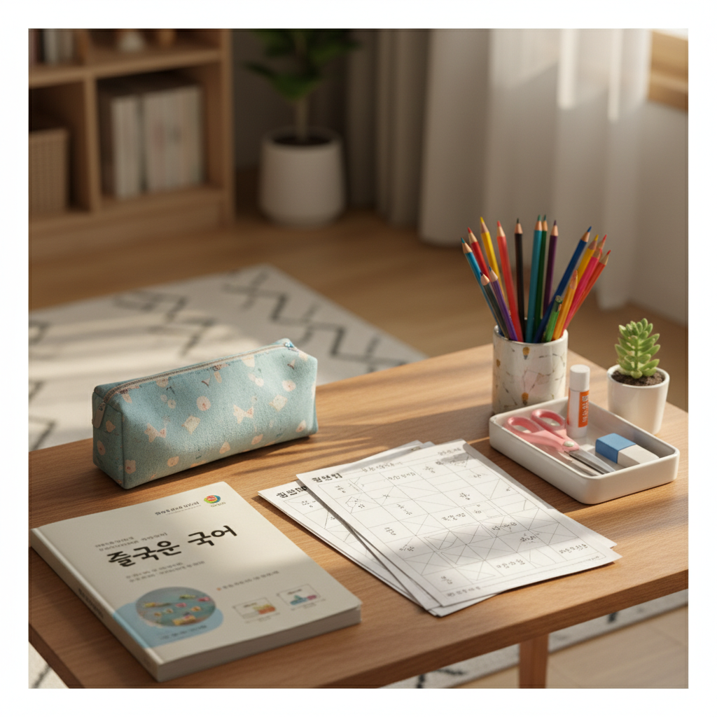 숙제 책상 위에 필통과 공책, 프린트를 정리한 생성 이미지