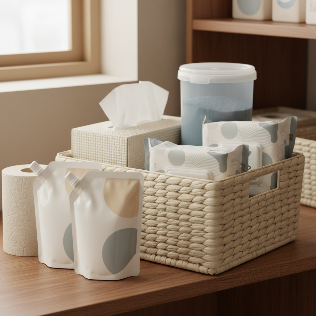 휴지와 세제, 물티슈, 리필용품을 한 바구니 구역에 정리한 생성 이미지