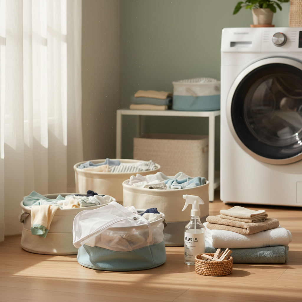 아이 옷 빨래를 색깔별 바구니와 세탁망으로 분류한 생성 이미지