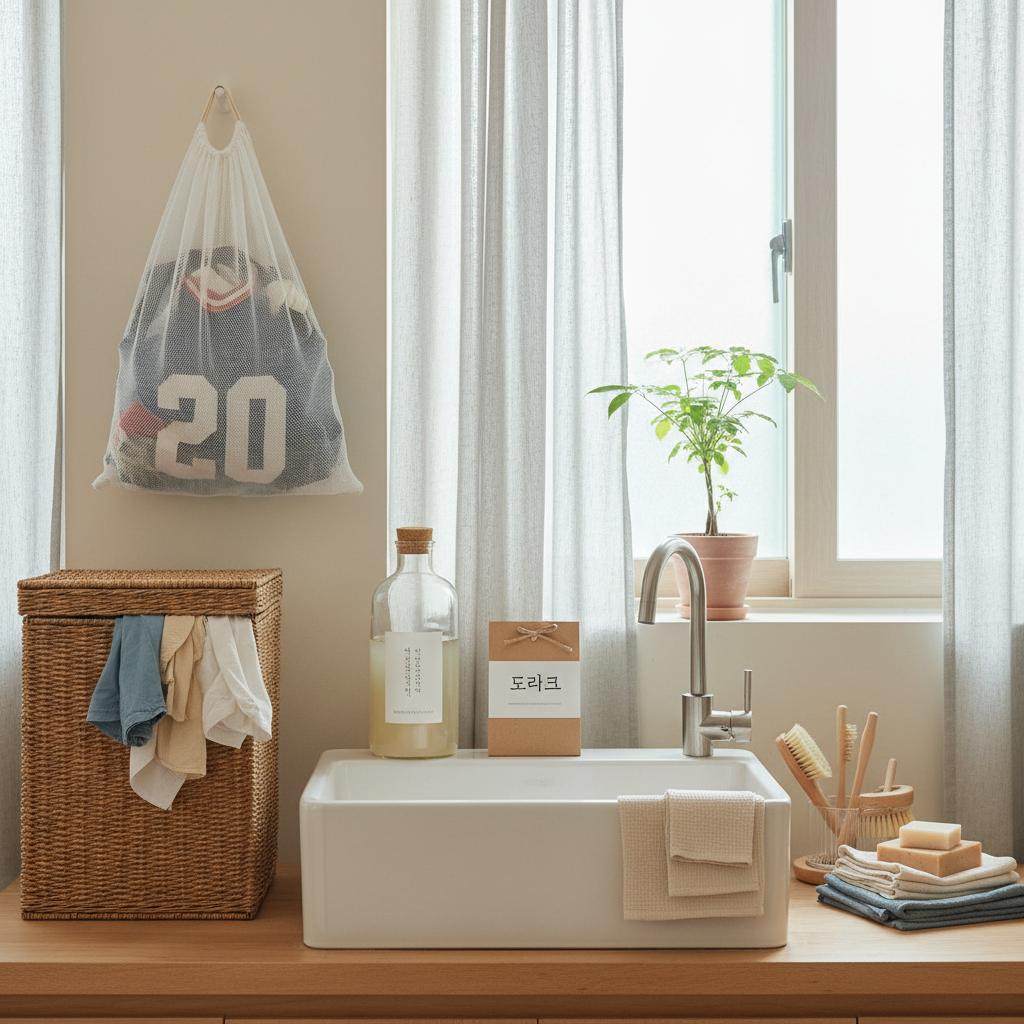 얼룩 옷과 젖은 옷을 분리한 빨래 바구니와 세탁망을 정리한 생성 이미지