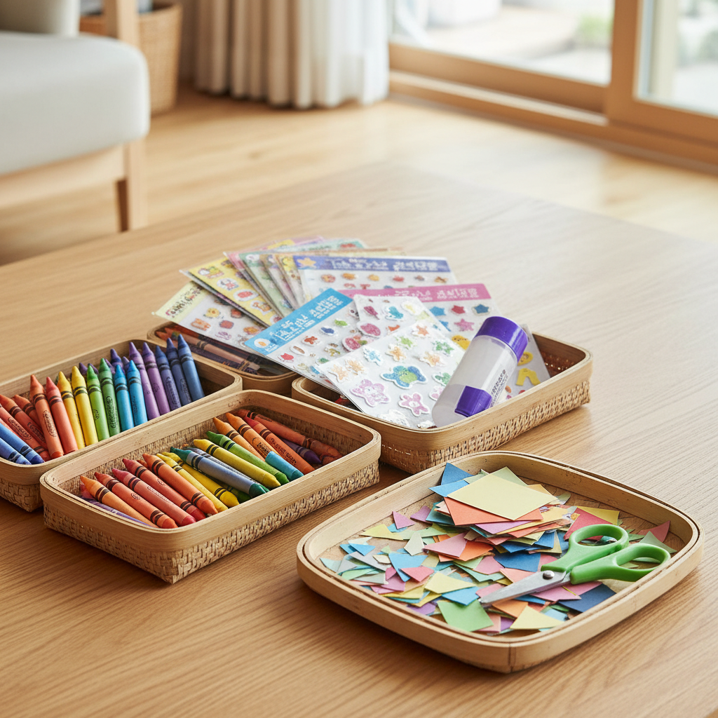 색연필과 스티커, 작은 만들기 도구를 열린 바구니로 나눈 생성 이미지