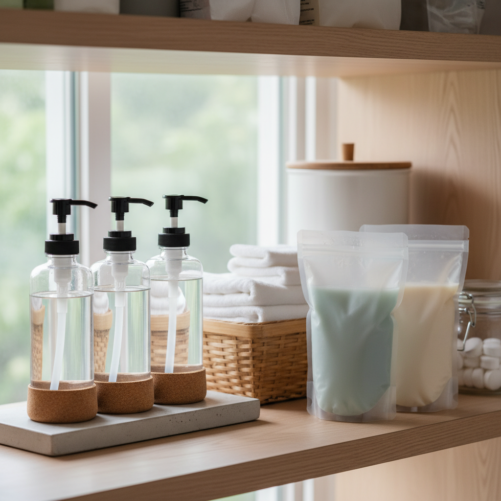 현재 쓰는 세제와 보충분을 분리해 둔 생성 이미지