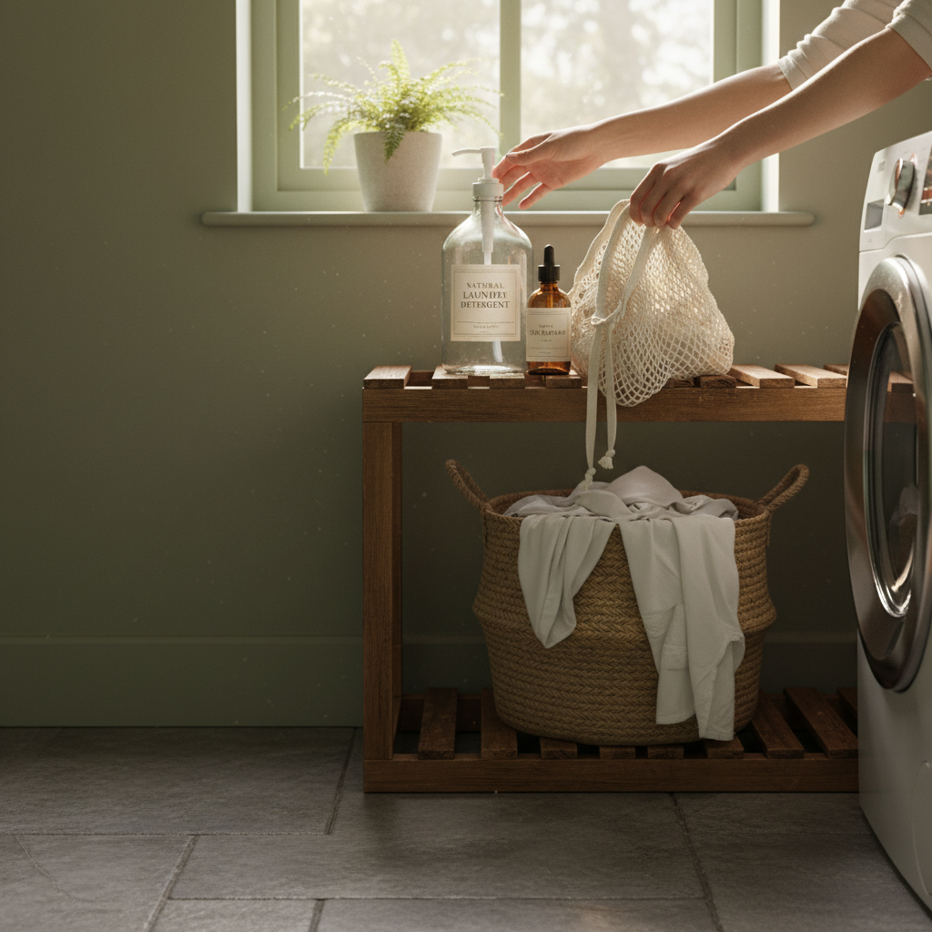 세탁 시작 전에 선반 한 칸에서 세제와 세탁망을 한 번에 꺼내는 생성 이미지