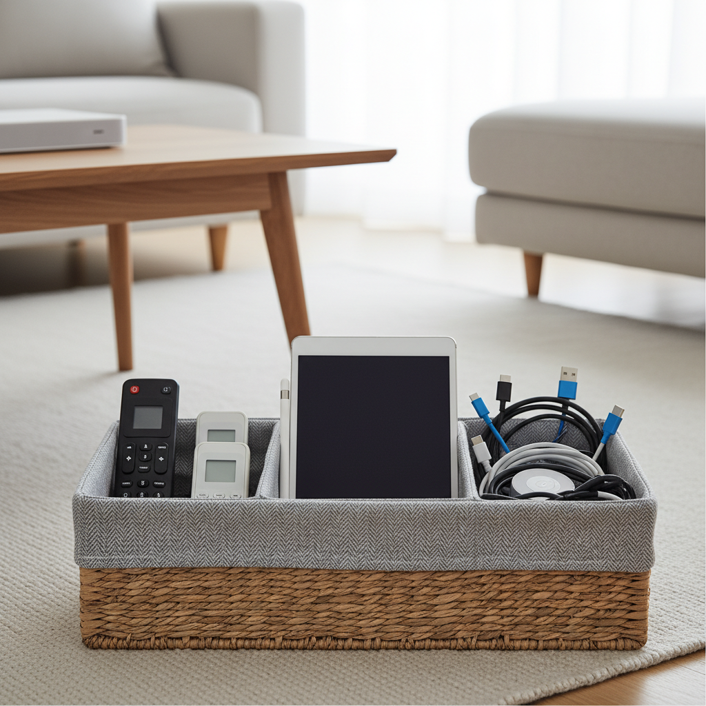 거실 바구니 안에서 리모컨과 태블릿, 충전선 구역을 나눈 생성 이미지