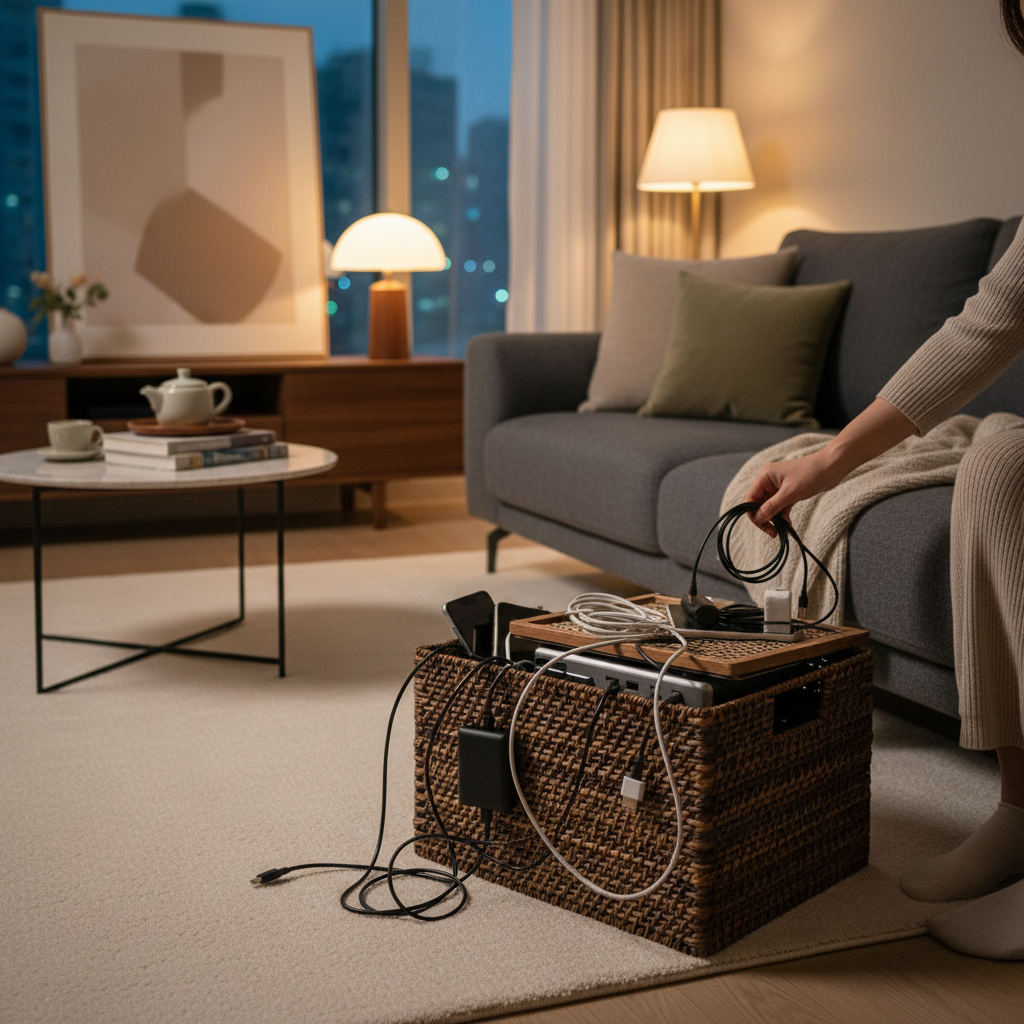 밤에 거실 기기를 한 바구니로 다시 모으는 생성 이미지