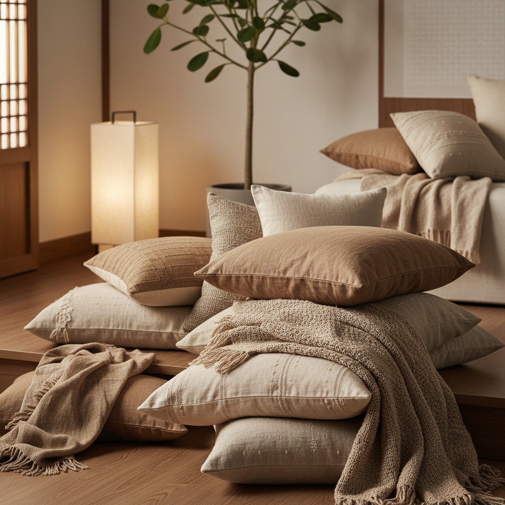 쿠션과 담요, 패브릭 소품을 색감별로 정리한 생성 이미지