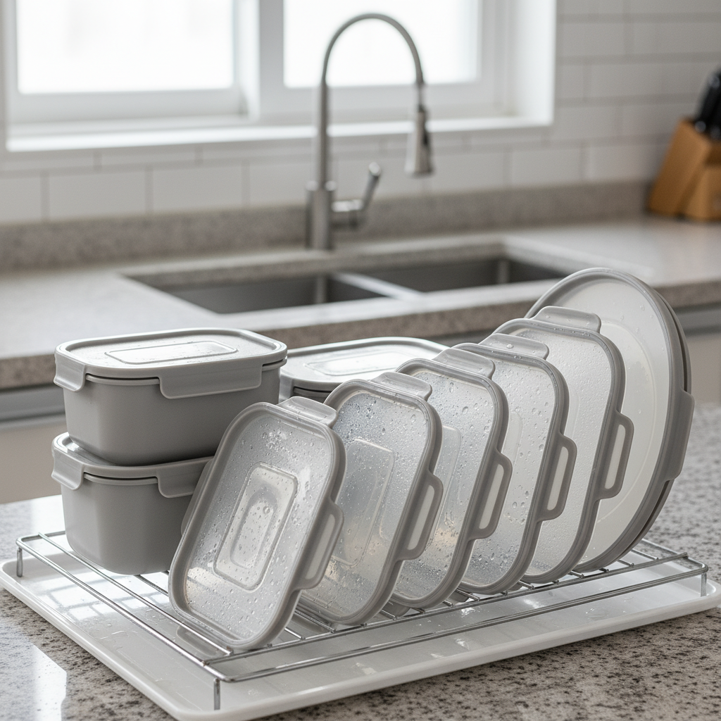 도시락통 본체와 뚜껑을 따로 세워 말리는 생성 이미지