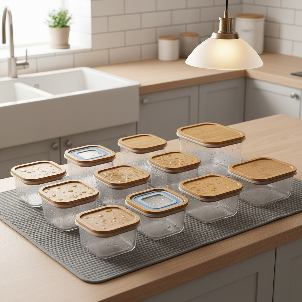 도시락통과 뚜껑, 실리콘 패킹을 세트로 정리한 주방 생성 이미지