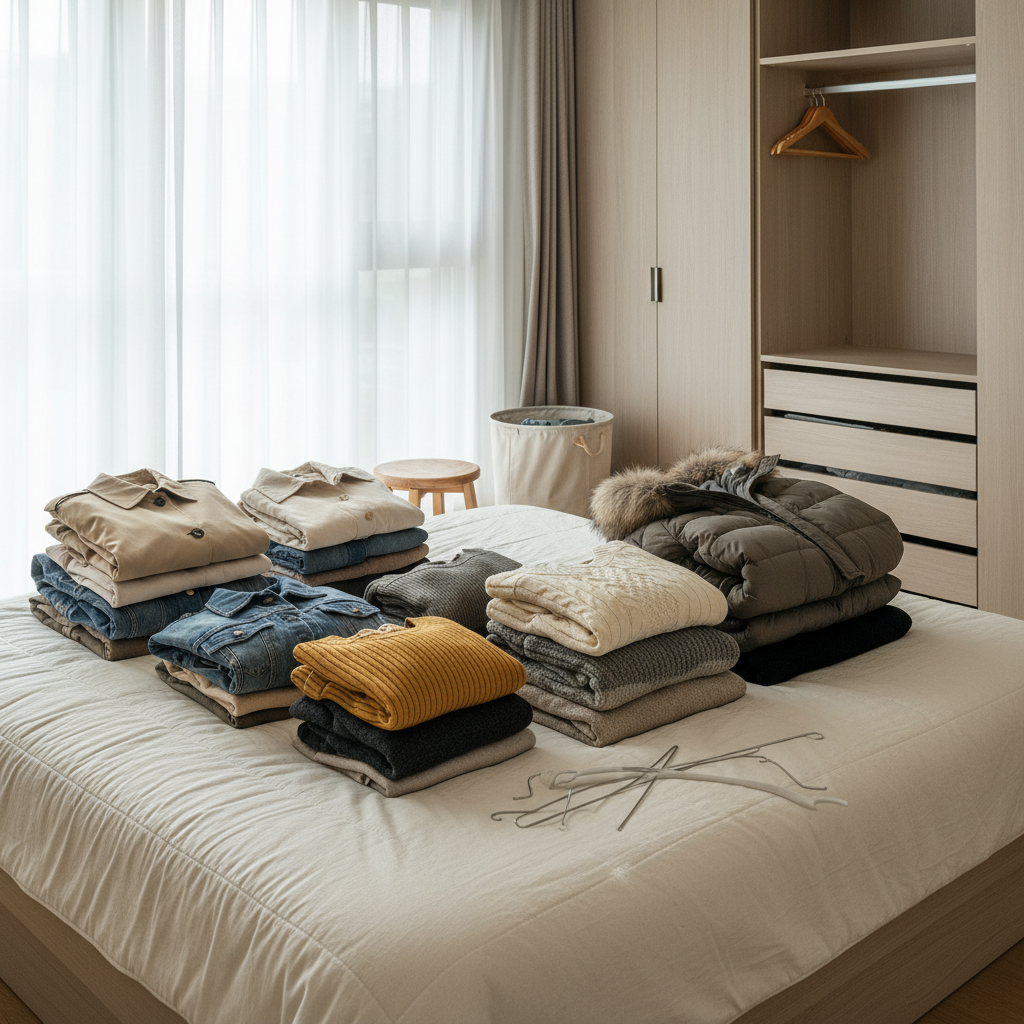 얇은 겉옷과 보관할 겨울옷을 침대 위에서 나눠 놓은 생성 이미지