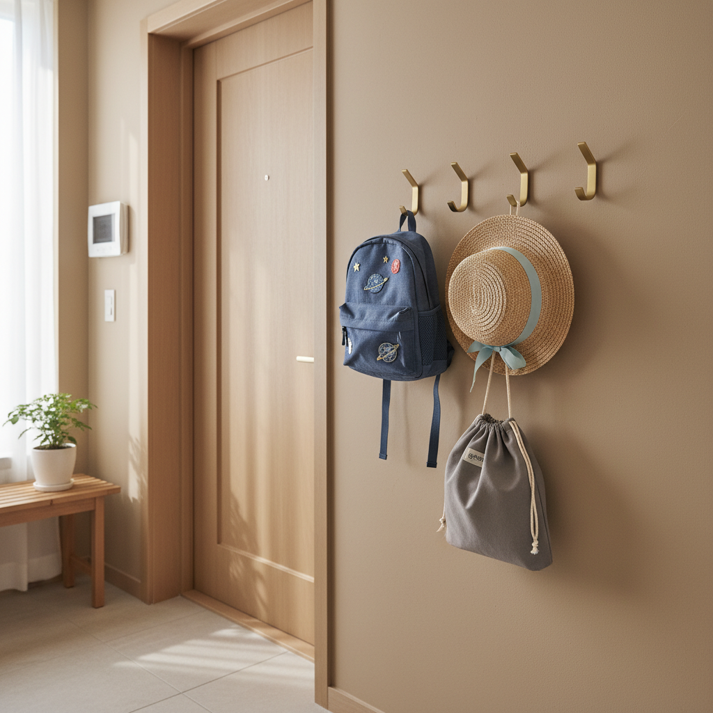 벽걸이 후크에 아이 가방과 모자, 실내화 주머니를 가볍게 걸어둔 생성 이미지