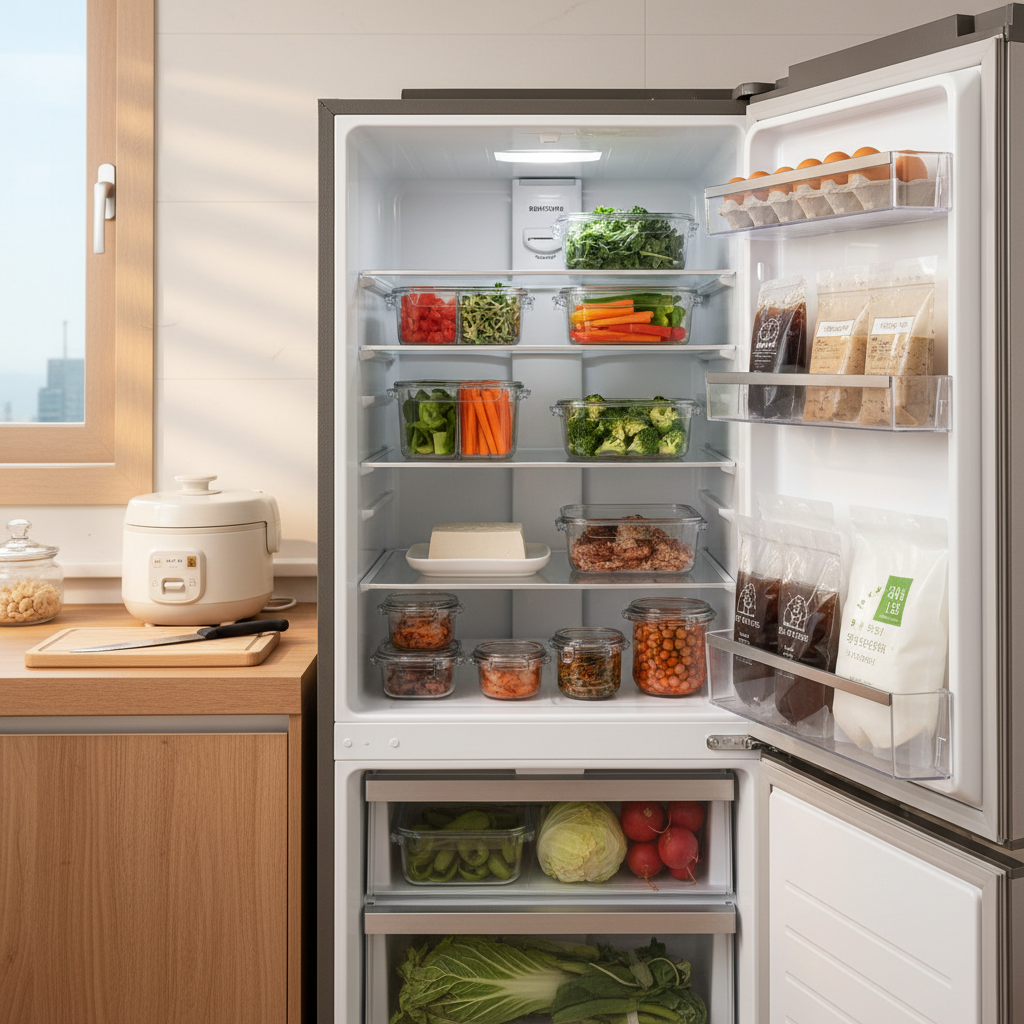로켓프레시 식재료와 반찬 재료를 냉장고 앞에 정리한 생성 이미지