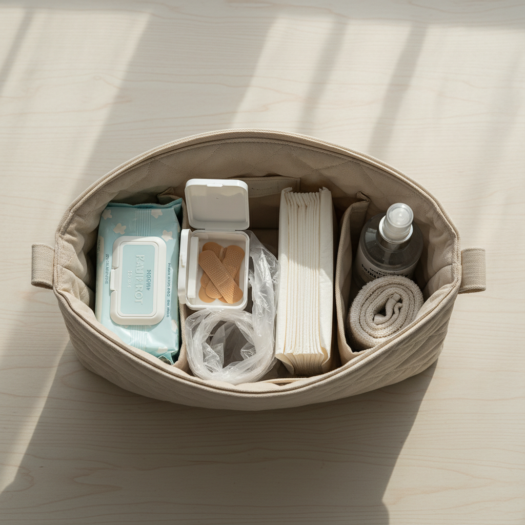 주말 외출 전에 챙기는 기본 준비물이 바구니에 담긴 장면